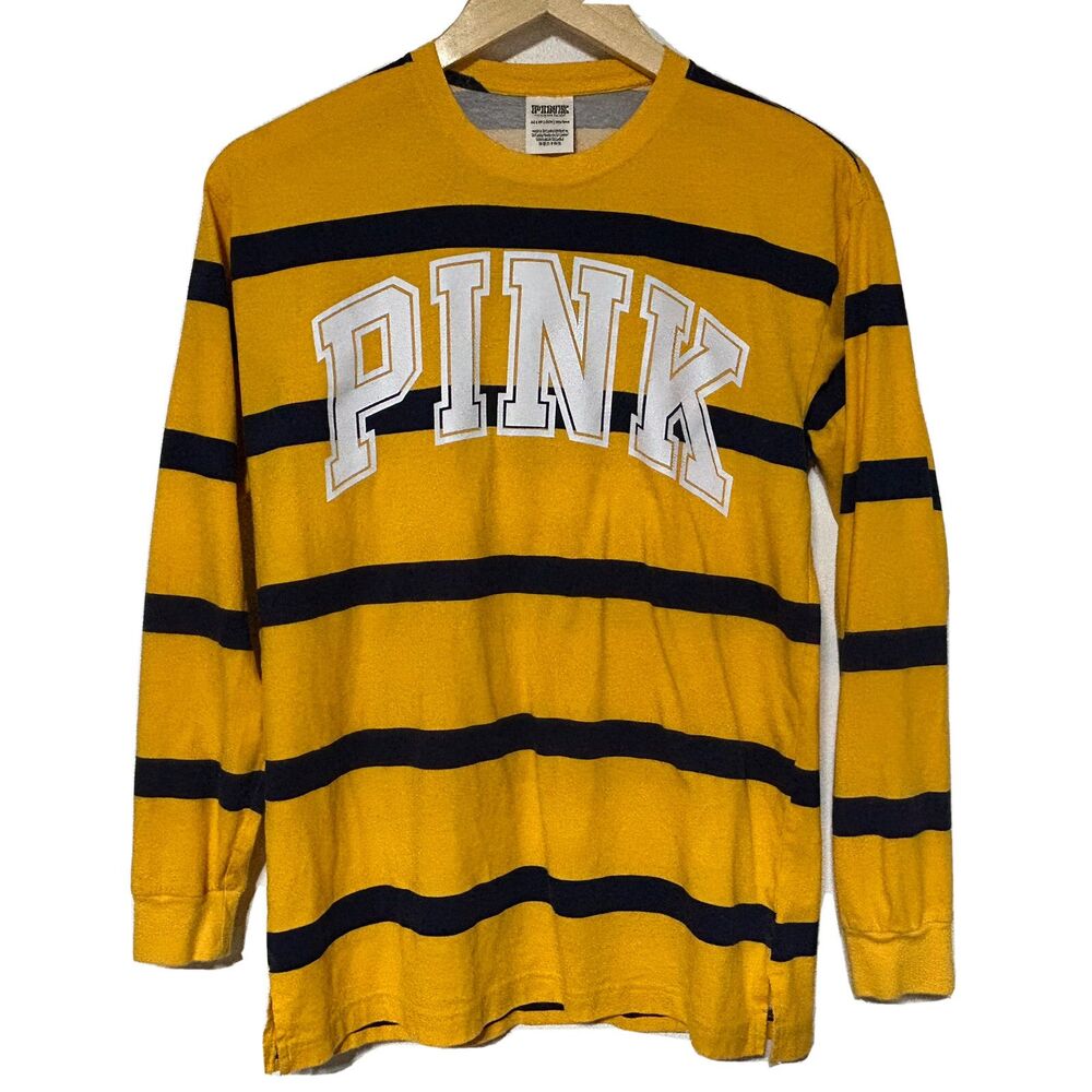 Victoria’s Secret PINK Women’s Striped Shirt Yellow Navy Blue XS X Small